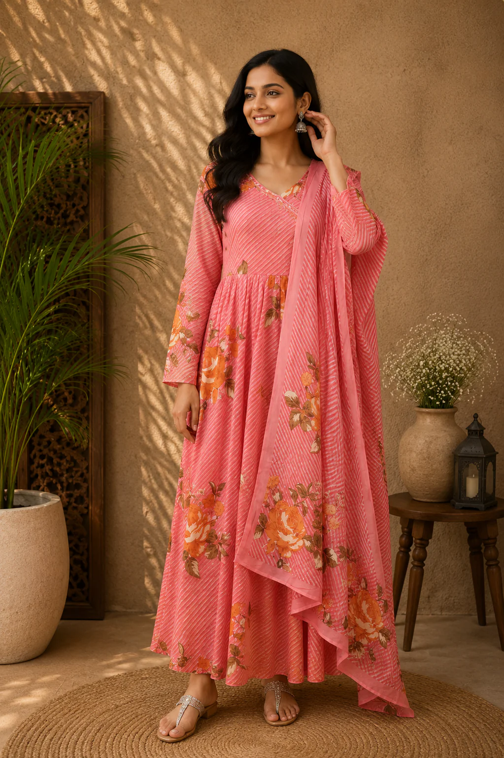 Coral Pink Floral Printed Cotton Salwar Suit